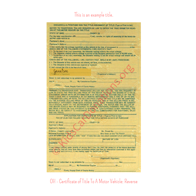 This is an Example of Ohio Certificate of Title To A Motor Vehicle Reverse View | Kids Car Donations